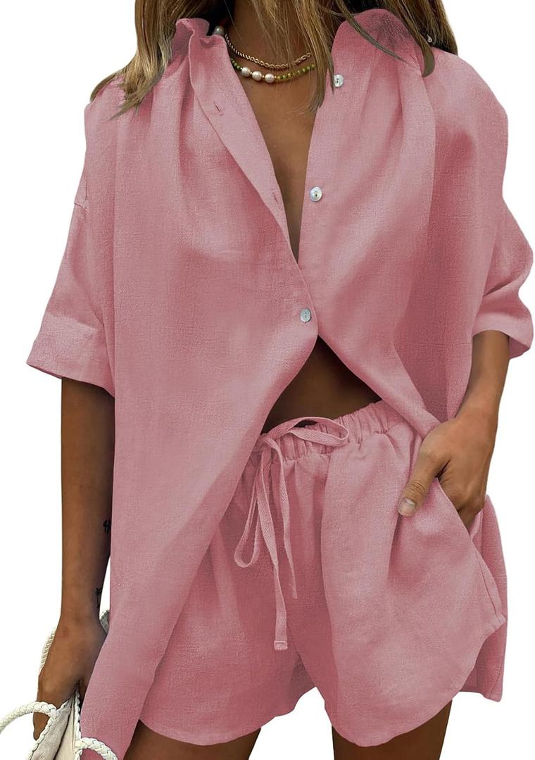 Fixmatti Women 2 Piece Outfits Long Sleeve Button Down Blouse and Shorts Sweatsuit Sets (Pink, M)