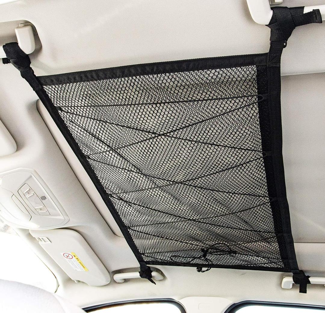 Kaskawise Car Ceiling Cargo Net Pocket,31"x21" Adjustable Double-Layer Mesh SUV Roof Organizer Long Trip Ceiling Storage Net, Car Camping Cargo Net for SUV, Van Life Accessories