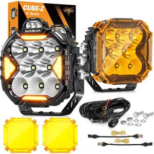 Auxbeam Cube-Z Series 4" Led Pods Lights with Amber Covers, 112W 12800LM Flood Spot Combo Offroad Driving Lights with DRL Turn Signal, Cube Ditch Light with DT Wiring Harness for Jeep ATV UTV, Pair