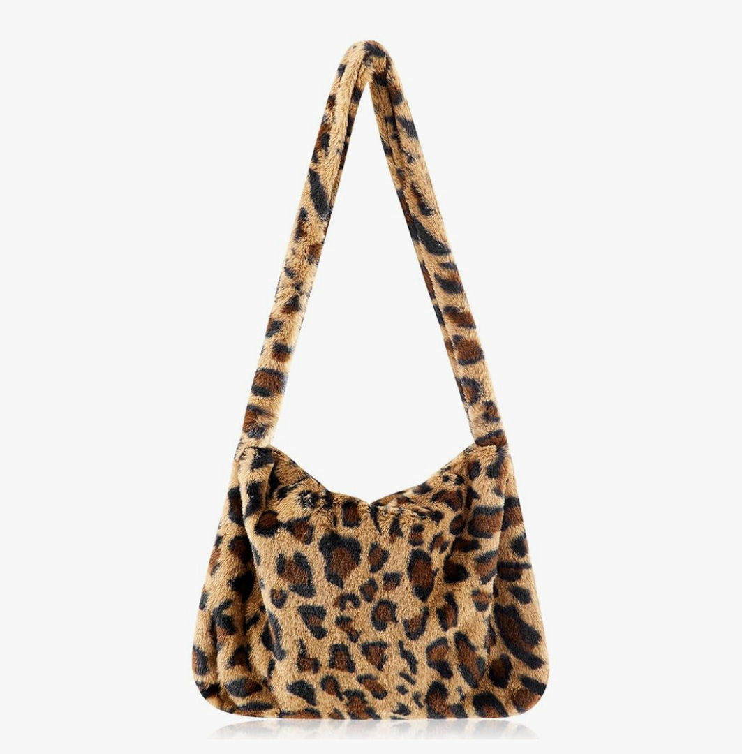 Leopard Print Clutch Handbag Plush Faux Fur Tote Bag Women's Fuzzy Tote Bag for Winter
