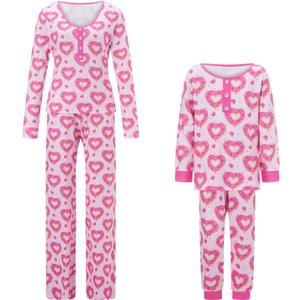 Multitrust Mommy and Me Valentines Pjs Matching Sets Long Sleeve Shirt Tops and Pants Mama and Me Pajamas Set Sleepwear (Small, Pink)