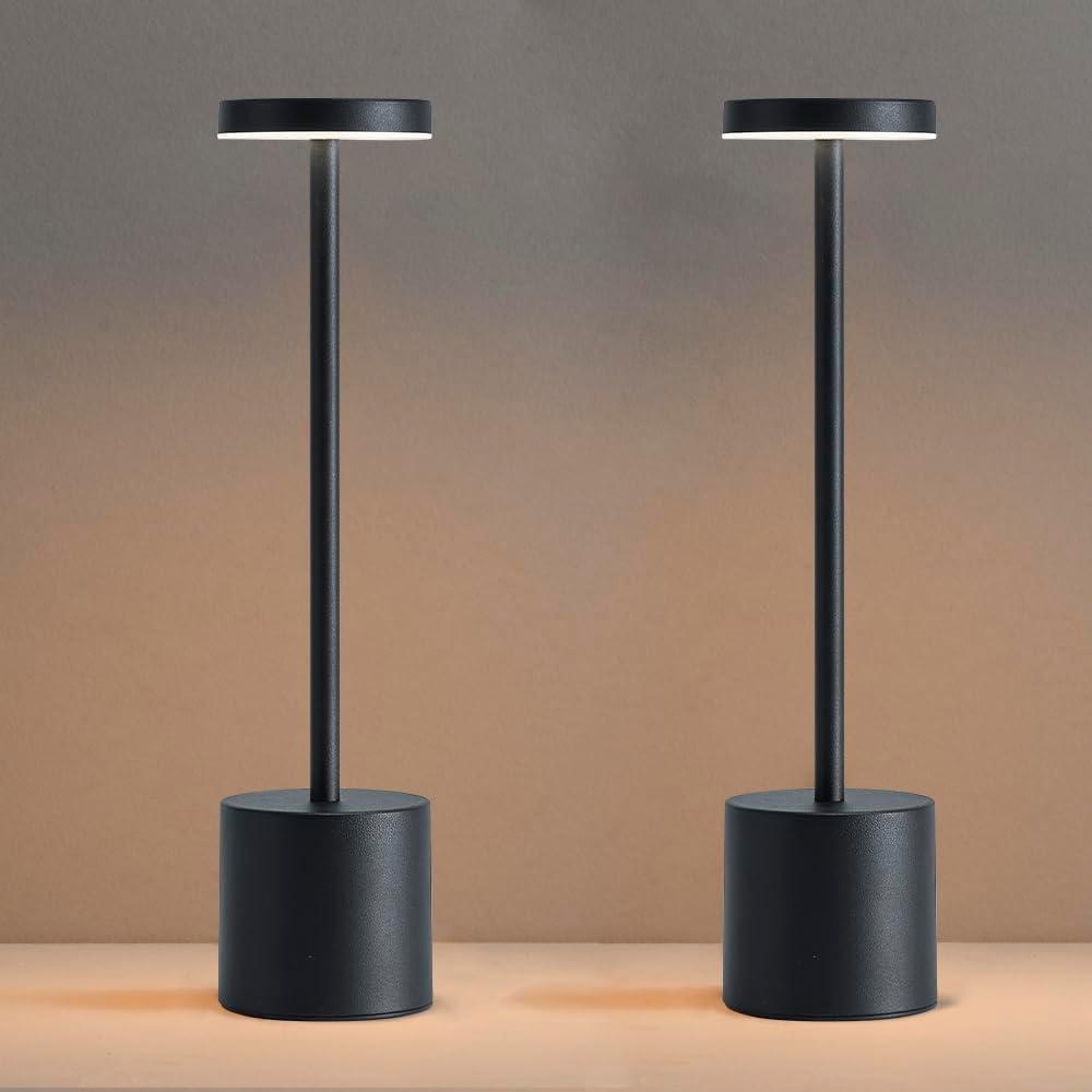 2 Pack LED Cordless Table Lamps, Portable 5000mAh Rechargeable Table Lamp, Touch Control Outdoor Table Lamp, 3 Color Dimmable Cordless Table Lamps for Restaurant, Patio, Bedroom, Outdoor - Black