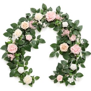 Ling's moment 5FT Blush Artificial Flower Garland Fake Pink Rose Leaves Floral Garland Arch Flowers Vine for Wedding Party Backdrop Decor Mantel Home Table Centerpieces Wall Decorations