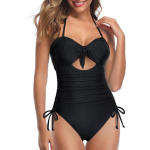 Tempt Me Women Sexy Cutout One Piece Swimsuits Tummy Control High Waisted Halter Front Tie Knot Bathing Suit (Small, Black 2)