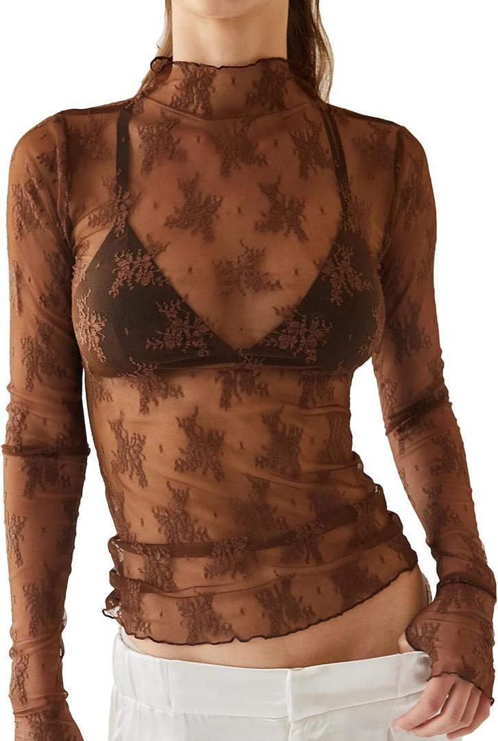 Ugerlov Women's Long Sleeve Mesh Top Mock Neck Sheer Blouse See Through Floral Lace Tops (M)