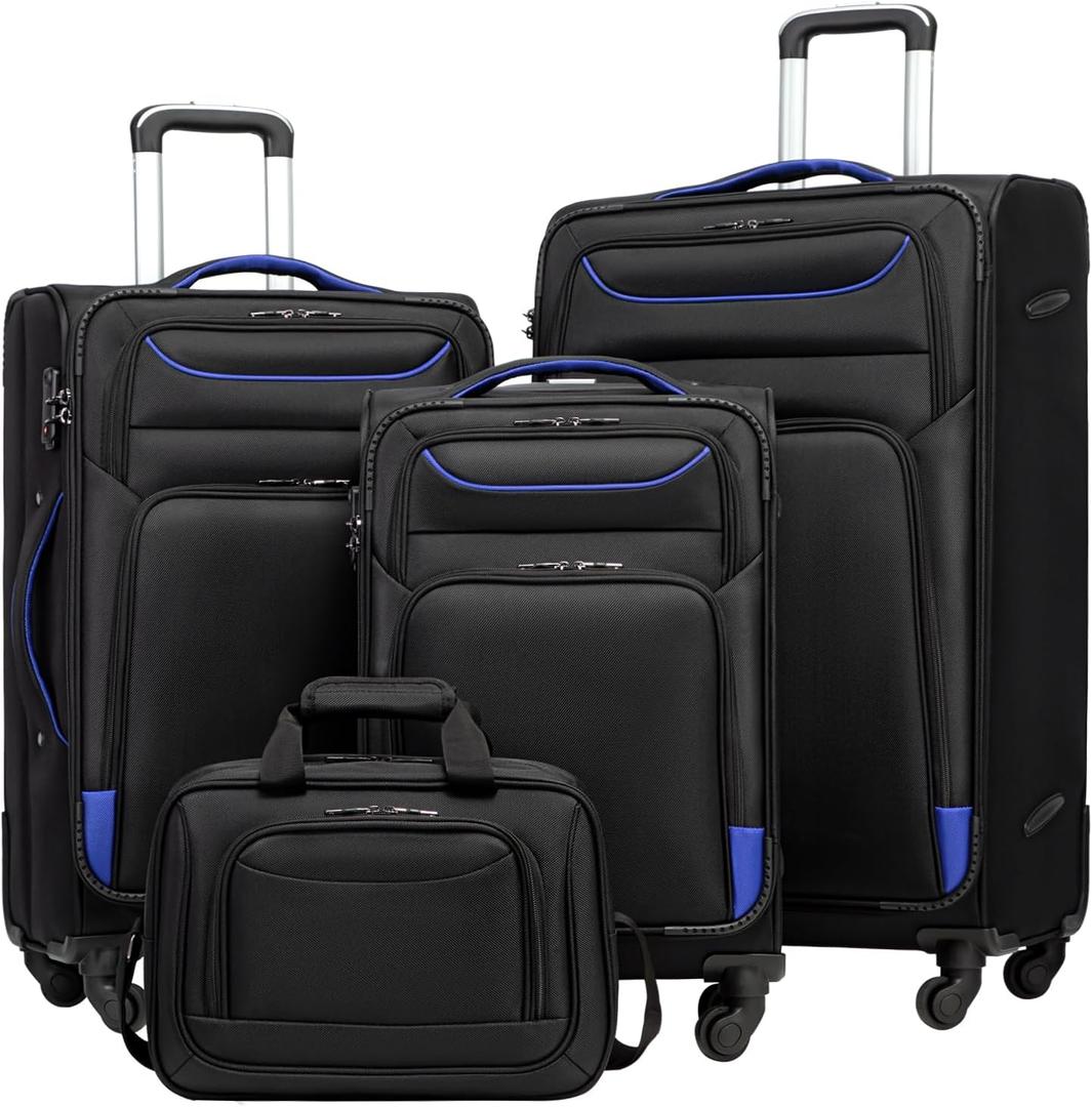 Coolife Luggage 4 Piece Set Suitcase TSA Lock Spinner Softshell Lightweight(Black+Blue)