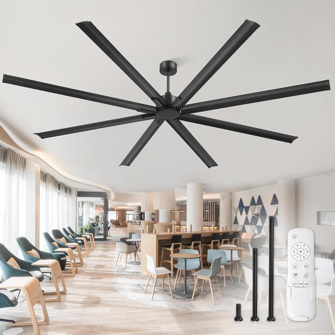 ZMISHIBO 108 Inch Large Ceiling Fans with Remote, High Volume(HVLS) Industrial Ceiling Fan with Reversible DC Motor, 8 Blades, 3 Downrods, Commercial Outdoor Ceiling Fans for Porch/Garage/Shop, Black