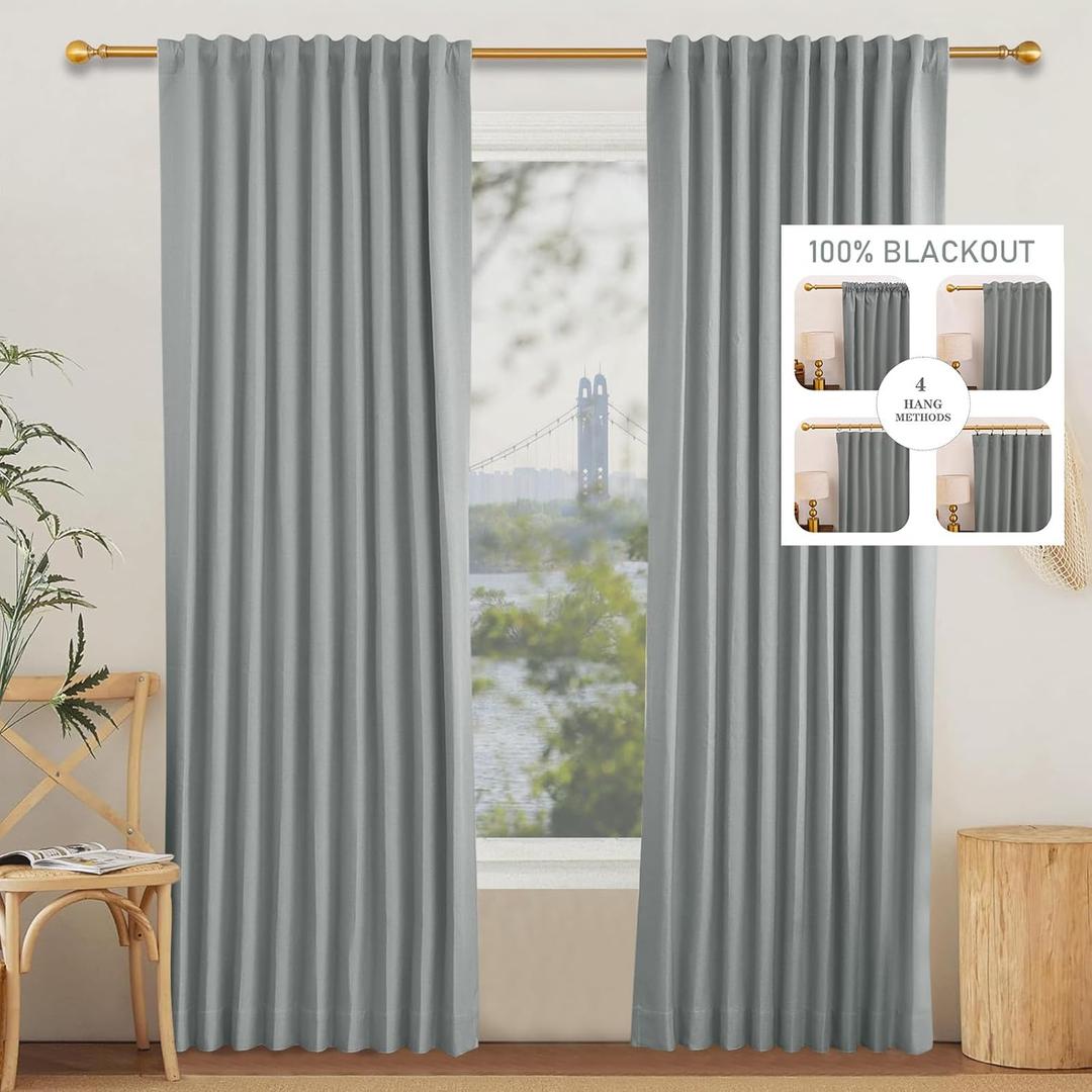 100% Blackout 4 in 1 Curtain,2 Panels Polyester Window Panels for Living Room Bedroom, Rod Pocket Flat Hooks Back Tab Hook Belt Sliding Door Insulation Curtains (100Wx82L,Gray)