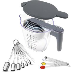 22 Piece Measuring Cups and Spoons Set, Stainless Steel Measuring Spoons Set and Stackable Measuring Cup with Lid for Liquid and Dry Ingredients, Cooking Baking Gadgets