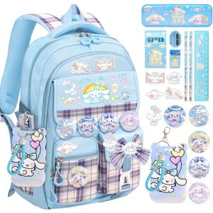 16.5/19IN School Backpack for Girls with 24Pcs Accessories, Anti-Theft Kids Backpack for Students, New Semester Presents with Pins and Card Holder