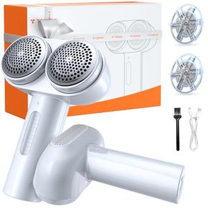 TORRAS Dual-Head Fabric Shaver, Longest Durability & 50ml Large Capacity Rechargeable Lint Removers to Remove Pills, 6-Leaf Blades Defuzzer, Electric Shaver for Clothes Couch Furniture, Pearl White