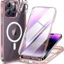 Miracase Magnetic for iPhone 14 Pro Case 6.1 inch, (Compatible with MagSafe) Upgrade Full-Body Clear Phone Bumper Case with Built-in 9H Tempered Glass Screen Protector, Magnetic Clear Pink