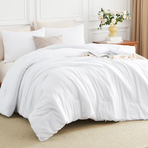 King Size Comforter Set 3 Pieces 104"x90" with 2 Pillowcases, White | 270GSM Down Alternative Fill, Oeko-TEX Certified, 8 Corner Ties Quilted, All Season, Fluffy Bed Set, Bedroom Decor Bedding