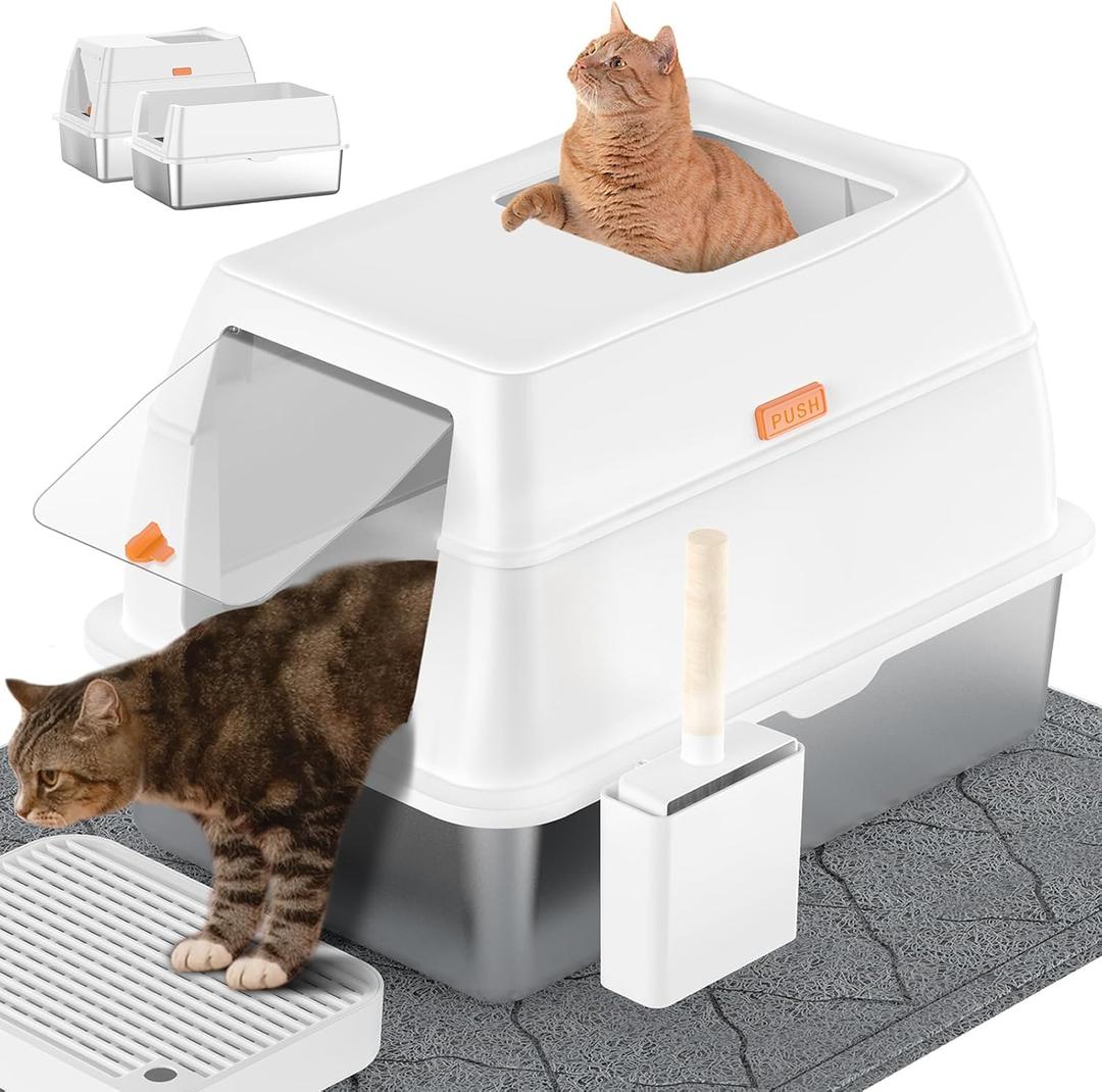 Stainless Steel Litter Box with Lid,Extra Large Enclosed Removable Cat Litter Boxes for Big Cats,Top Entry Metal Kitty Litter Box with Cover.Anti-Leakage,Easy Cleaning.Includes Scoop&Litter Mat-White (White)
