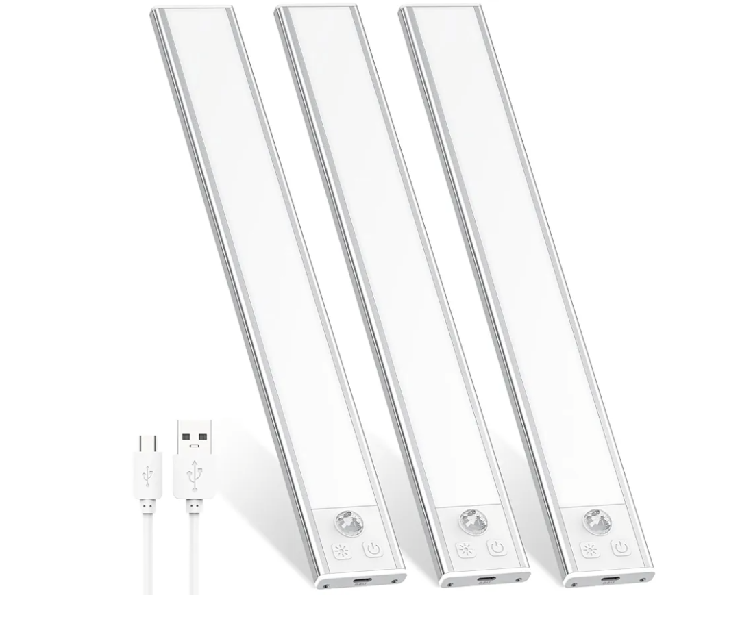 3 Pack Under Cabinet Lights, 52 LED Cold White Rechargeable Under Cabinet Lighting Motion Sensor LED Lights for Kitchen, Counter, Closet, Stairs (12.2 inches Silver)