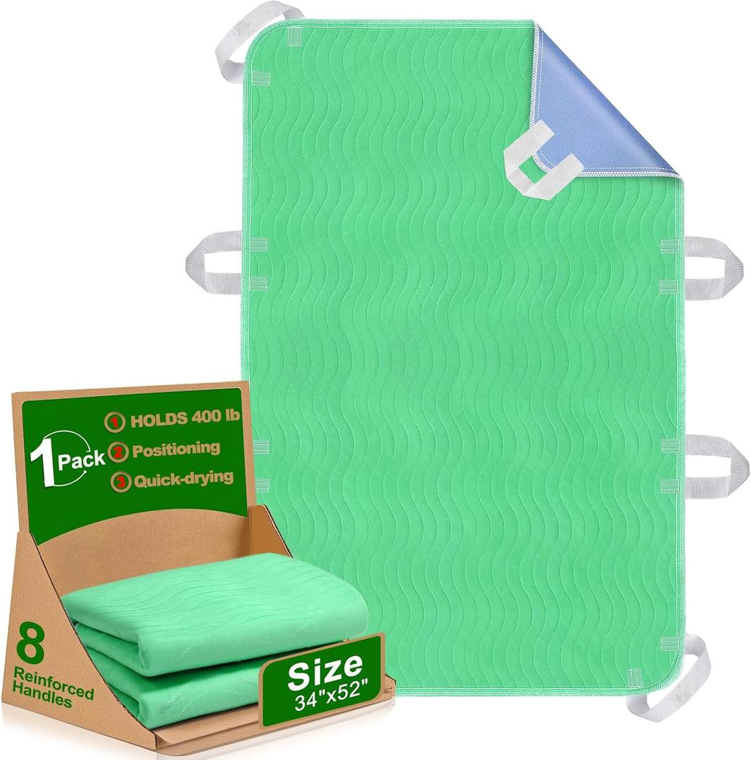 Positioning Bed Pad with Handles - Quick Drying Bed Pads with 8 Reinforced Handles, Washable Waterproof Reusable Pads for Elderly, Bedridden, Turning, Lifting, Transferring 34"  52"