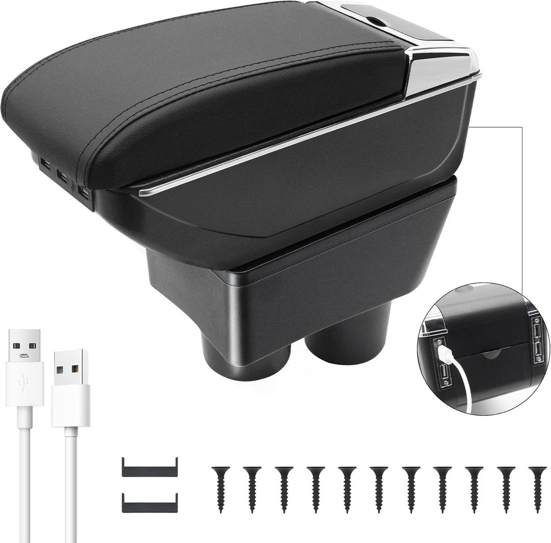 Car Armrest Box Fit for Nissan Versa 2012-2019, 7USB Double-Layer Armrest Organizer Box Centre Consoles with Cup Holder Interior Arm Rest Automotive Accessories (7 USB Ports, Black Thread)