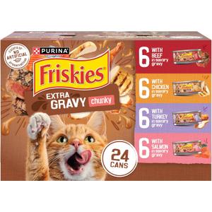 Purina Friskies Extra Gravy Wet Cat Food Chunky 24ct Variety Pack (With Chicken, Turkey, Salmon, Beef) - (Pack of 24) 5.5 oz. Cans, Best Before AUG 2026