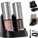 Electric Salt and Pepper Grinder Set with Easy-to-Carry Charging Base and LED Light, Automatic Salt and Pepper Grinder Set, USB Rechargeable, Adjustable Coarseness, Washable Container