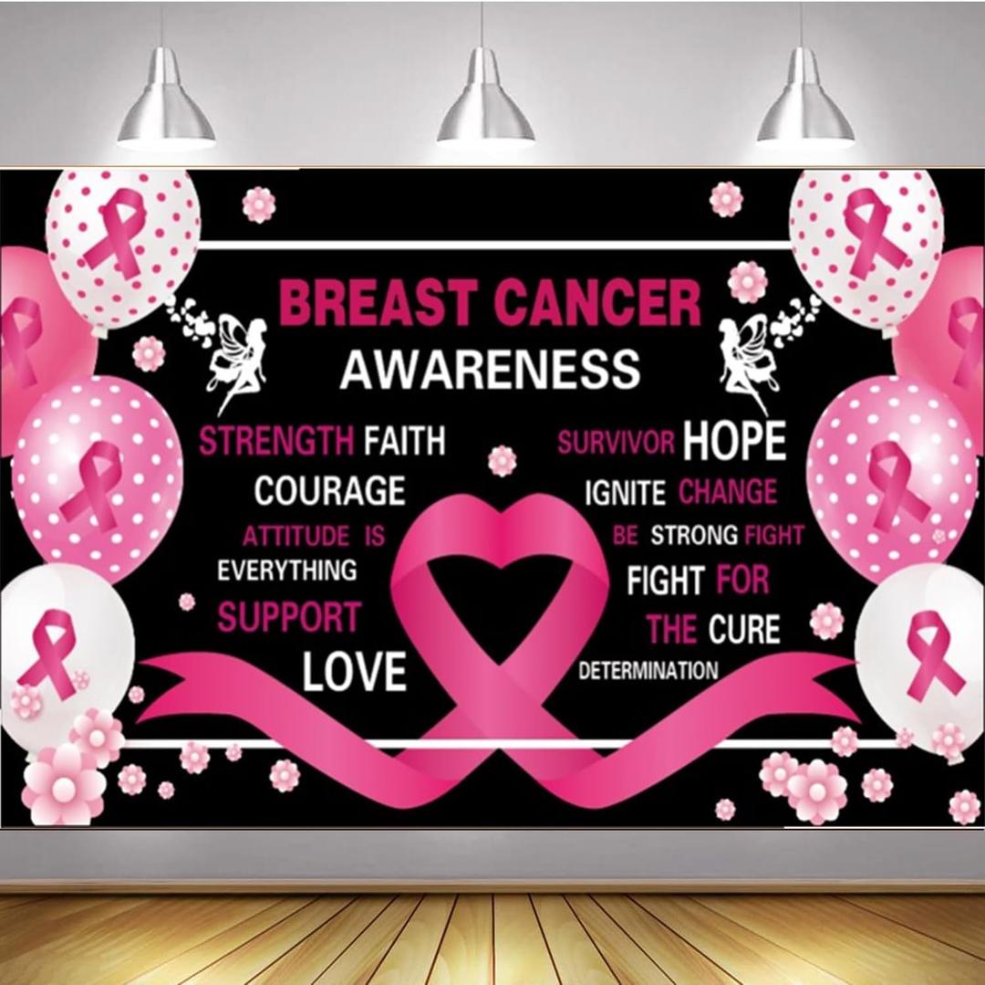 Breast Cancer Awareness Backdrop Banner Decorations with 70.8"X43.3", Hope Faith Strength Courage Breast Cancer Pink Month Photography Background for Charity Activities Party Decor