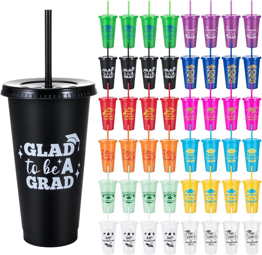 48 Pcs 2025 Graduation Cups Plastic Gifts 24oz Congrats Grad Tumblers for College Graduate Reusable Tumblers with Straw and Lid Class of 2025 Gifts for Graduation Party
