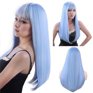 SUKRI Light Blue Wigs with Bangs Long Straight Blue Wigs for Women Heat Resistant Synthetic Wigs for Girls Cosplay Party Halloween Daily Use 22 Inch