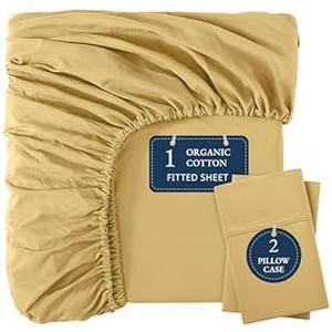 LANE LINEN Full Fitted Sheet, 100% Organic Cotton, 3-Piece Set (1 Fitted Sheet, 2 Pillowcases), Percale Weave, Full Bed Bottom Sheet, Ultra Soft, Fits Mattress Upto 15" Deep - Cocoon(No Flat Sheet)