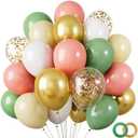 RUBFAC 80Pcs 12 Inches Retro Green Balloons, Sage Green White Gold Confetti Balloons Olive Green Dusty Metallic Gold Latex Balloons Set for Birthday Baby Shower Wedding Party Decoration