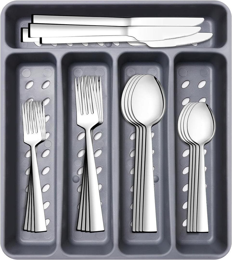 21 Piece Kitchen Silverware Set with Organizer Tray, Fork Spoon Knife Set Stainless Steel Cutlery Heavy Duty Silverware Set for 4 Flatware Tableware Eating Utensils Sets Forks Knives and Spoons Set