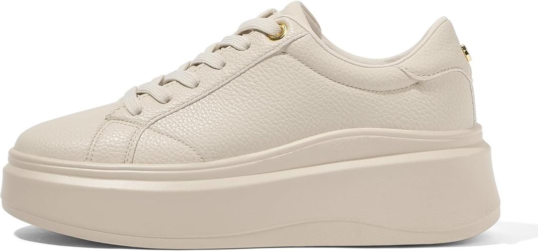 LUCKY STEP Women's Platform Fashion Sneakers Faux Leather Classic Tennis Shoes Low Top Casual Walking Shoes (10, Beige)