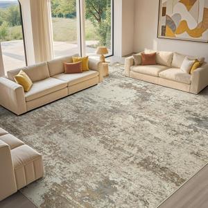 Area Rug Living Room - 10X14 Abstract Washable Large Soft Foldable Non Slip Rug Neutral Modern Low Pile Carpet for Bedroom Nursery Dining Room Farmhouse Home Office Indoor - Khaki
