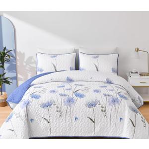 Dinjoy Floral Quilt Set Queen,Blue Bedspreads Queen Size 3 Pieces Cute Bedding Set Farmhouse Quilts Soft Flower Bedspreads White Coverlet Sets for All Season