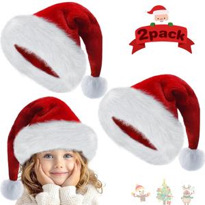Pack Of 2 Zaffaella Christmas Hat, Santa Hat for Kids, Unisex Velvet Comfort Extra Thicken Xmas Hat for children Christmas New Year Party