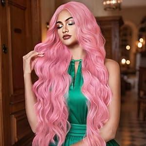 Miuric 30 Inch Pink Wigs for Women Long Wavy Wigs Light Pink Wig Colorful Curly Wig Natural Looking Middle Part Synthetic Heat Resistant Wigs for Cosplay Halloween Christmas Gifts Party Daily Use