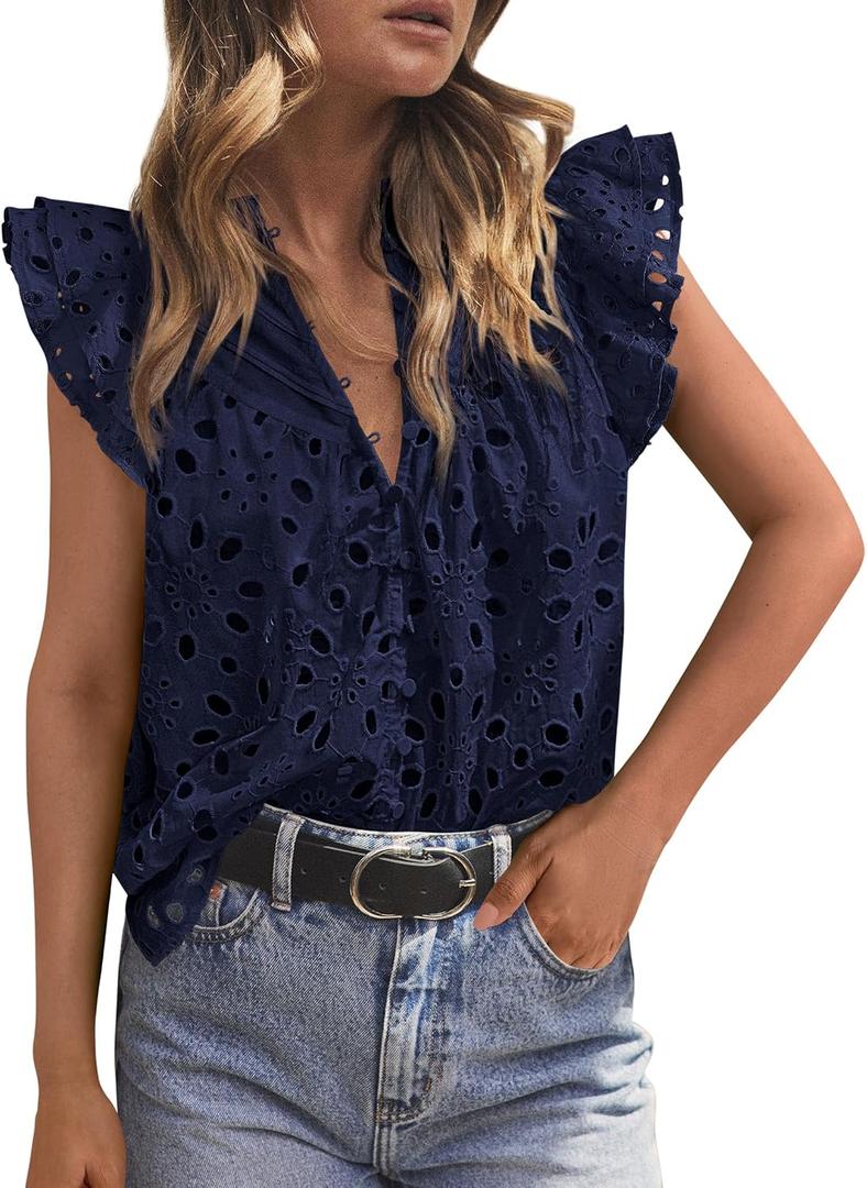 PRETTYGARDEN Womens Summer Tops 2026 Dressy Casual Ruffle Cap Sleeve Button V Neck Embroidered Eyelet Blouses Shirts (Black, S)