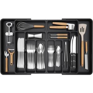 Lifewit Large Silverware Drawer Organizer, Expandable From 21 to 36 Inches, BPA Free Plastic Utensil Tray for Kitchen, Adjustable Flatware and Cutlery Holder for Spoons Forks Knives, Black