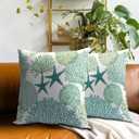 Summer Ocean Themed Nautical Coastal Throw Pillow Covers 18X18 Inches Set of 2 Aqua Teal Seashell Starfish Coral Pillowcase Soft Cotton Square Cushion Covers for Home Sofa Patio Bedroom Decoration