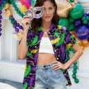 Fat Tuesday Shirts for Women Fat Tuesday Party Outfit Button Up New Orleans Themed Party Short Sleeve Tops (S)