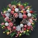 24 Inch Artificial Christmas Wreath for Front Door, Red White Wreath with Christmas Balls Peppermint Candy Snowflakes Xmas Decorations for Winter Wall Outdoor Home Holiday Decor