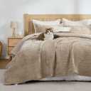 BEDELITE Velvet Quilt Set King Size, Luxury Velvet Comforter for All Season, Lightweight Soft Quilted Bedding Set, Striped Channel Oversized Bedspread Coverlet with 2 Pillow Shams, Taupe, King/Cal King
