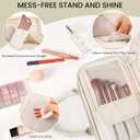 Travel Makeup Bag for Women Fashion Large Capacity Pouch Open Flat Cosmetic Portable Organizer Waterproof Large Opening Storage Toiletry Bags Vertical Free-Standing Brush Holder for Easy Access Beige