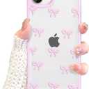 EYZUTAK Case for iPhone 16e, Clear Cute Ribbon Bowknot Pattern Aesthetic Transparent Phone Case Raised Camera Protection Stylish Slim Soft Durable TPU Protective Cover for Women Girls - Pink