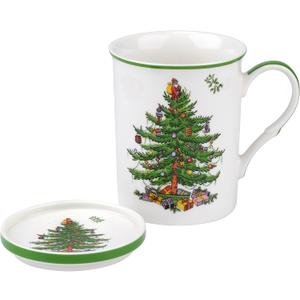 Spode Christmas Tree 12 oz Mug & Coaster Set - Holiday Coffee Cup, Tea Cup, Hot Chocolate Mug, Christmas Drinkware, Festive Tableware, Holiday Gift - Fine Porcelain, Dishwasher & Microwave Safe