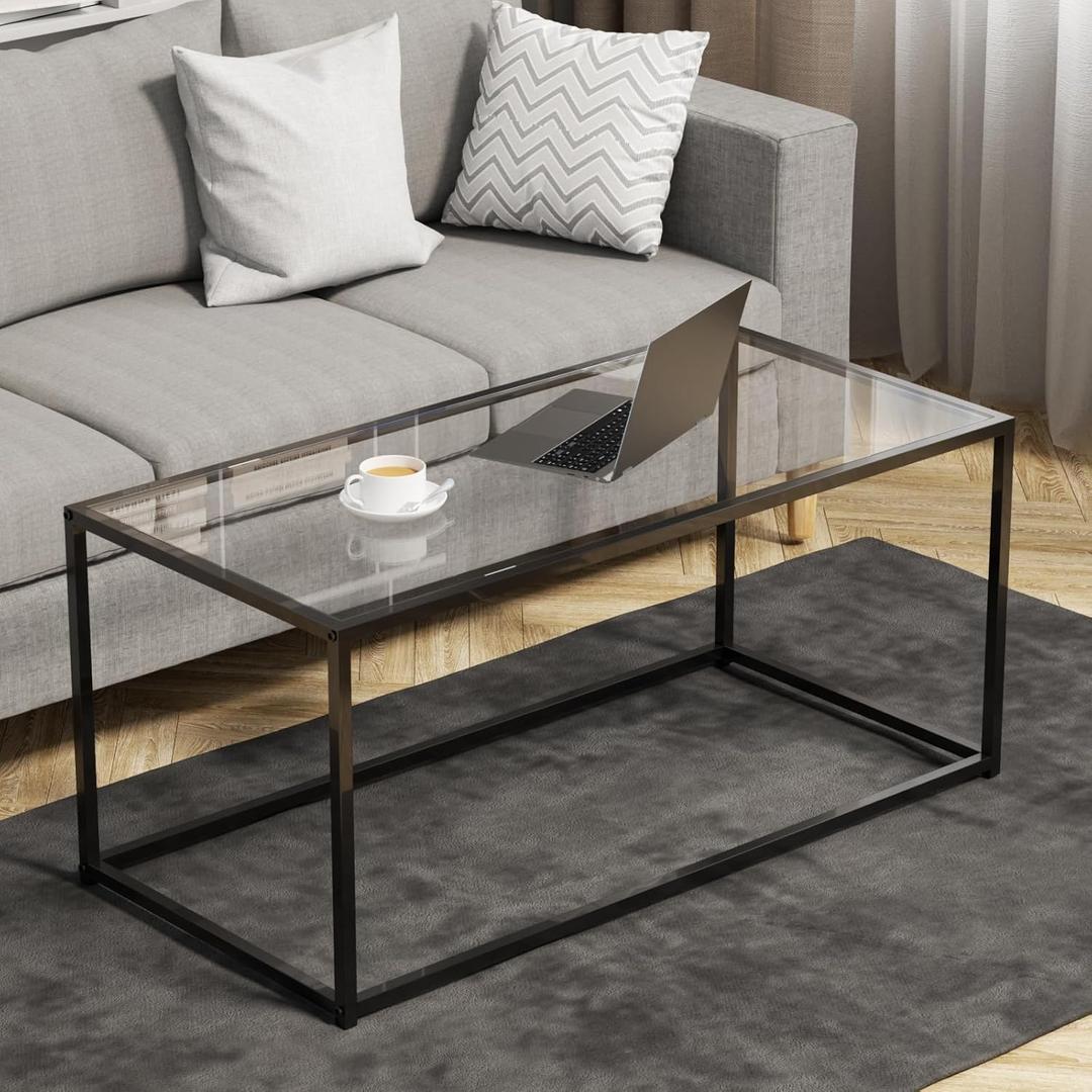 Glass Coffee Table Modern Center Table,Minimalist Coffee Table for Living Room,Tempered Glass-top with Sturdy Metal Frame, Easy Assembly,Black, 39.4 x 18.9 x 17.7 inches