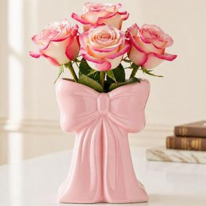 Jingmore Pink Bow Vase Coquette Ceramic Vase Pen Holder Makeup Brush Holder Contemporary Design Decorative Women Gift for Wedding Home Office Shelf Table Room(Medium, Elegant)