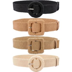 WILLBOND 4 Pcs Women's Elastic Raffia Woven Belt, Boho Rattan Buckle Stretch Straw Wide Waist Belt for Dresses Jeans Pants