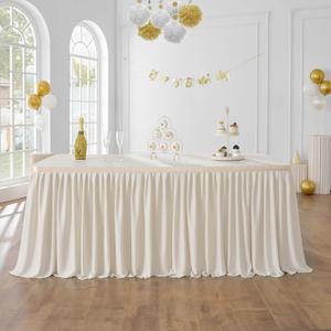 Leegleri 14ft Beige Table Skirt for Rectangle Table,Spandex Polyester Pleated Table Skirt for Baby Shower Wedding,Birthday Party,Gender Reveal,Dessert Cake Tables
