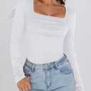 Womens Long Sleeve Shirts 2025 Sexy Ruched Square Neck Tops Trendy Double Lined Fitted Top Blouses Outfits (White, M)