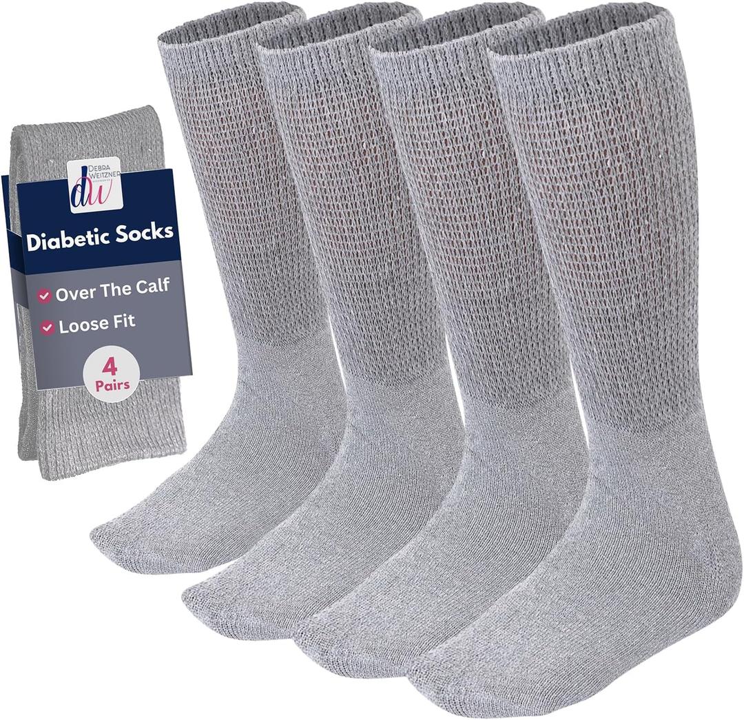 Debra Weitzner Diabetic Socks for Men and Women Over the Calf Knee High Cotton Socks Loose Fit 4 Pairs (9-11, Grey)