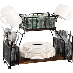 TQVAI Buffet Caddy, 2 Tier Countertop Paper Plate Organizer with Silverware Holder Mugs Hook Napkin Basket, Serving for Catering Supplies Buffet Display Hosting Thanksgiving Essentials, Black/Antique